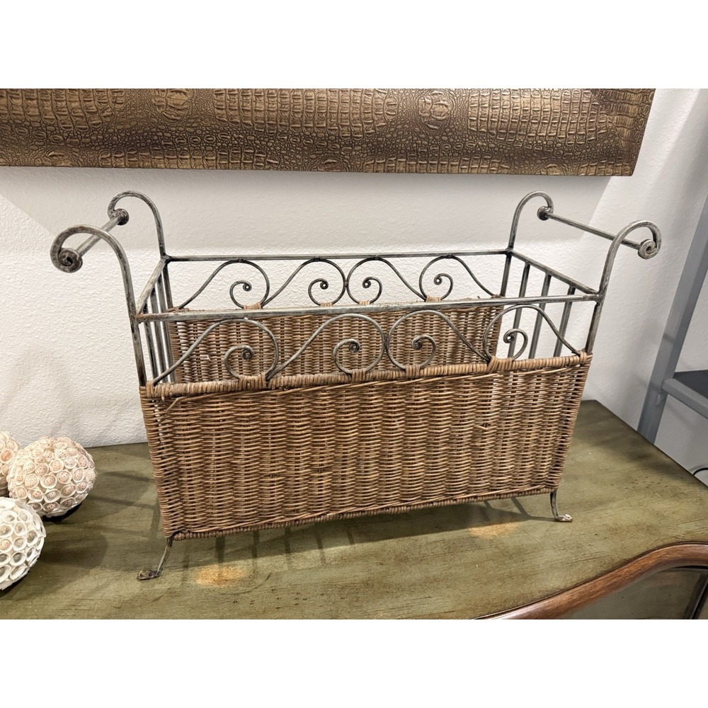 Vintage Platinum Wrought Iron Regency Handwoven Wicker Magazine Rack